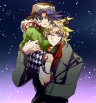  :3 adult argyle argyle_legwear blonde_hair blue_eyes blue_hair bomber_hat caesar_anthonio_zeppeli child coat contemporary facial_mark green_eyes hair_pull hat intothewater jojo_no_kimyou_na_bouken joseph_joestar_(young) mittens shorts snowing time_paradox young 