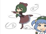  2girls blue_eyes blue_hair boots bow chewing chibi cucumber dancing dress eating food front_ponytail green_hair hair_bobbles hair_bow hair_ornament hat kagiyama_hina kawashiro_nitori long_hair lowres mogumogu_huyoudo multiple_girls red_eyes saliva short_hair skirt smile touhou 