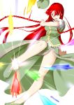  1girl blue_eyes braid card china_dress chinese_clothes hat hat_removed headwear_removed hong_meiling kicking long_hair niwatazumi redhead rough side_braid side_slit solo spell_card star touhou twin_braids very_long_hair 