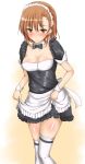  1girl apron blush breasts brown_eyes brown_hair cleavage cuffs maid_apron misaka_mikoto p-tana shiny shiny_skin short_hair solo standing thigh-highs to_aru_kagaku_no_railgun to_aru_majutsu_no_index white_legwear 