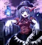  1girl blue_eyes blue_hair blush breasts cap cherry_blossoms emudoru fangs grave graveyard hat hitodama jiangshi miyako_yoshika ofuda open_mouth outstretched_arms short_hair skirt star tombstone touhou zombie_pose 