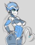  1girl blue_eyes breasts grin hands_on_hips helmet large_breasts maniacpaint n01sb original robot sketch smile solo 