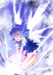  1girl barefoot blue_eyes blue_hair bow cirno hair_bow ice ice_wings naughty_face racer_(magnet) short_hair solo touhou wings 