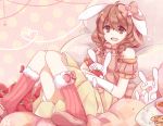  1girl animal_ears apple bed boots braid brown_eyes brown_hair cookie dress food fruit gloves happy long_hair original pillow rabbit rabbit_ears ribbon solo twin_braids 