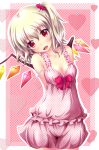 1girl :d babydoll blonde_hair bra breasts cleavage fangs flandre_scarlet heart neats open_mouth polka_dot polka_dot_background red_eyes side_ponytail smile strap_slip tagme touhou underwear white_bra wings 