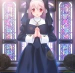  1girl breasts habit hands_clasped headphones nitroplus nun pink_hair red_eyes rosary smile solo stained_glass super_sonico v-mag 