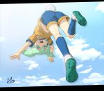  1boy ass blue_eyes bunny_tail dutch_angle fei_rune from_behind green_hair inazuma_eleven_(series) inazuma_eleven_go inazuma_eleven_go_chrono_stone letterboxed lightning_bolt male mizuhara_aki open_mouth raimon soccer_uniform solo tail 