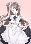  1girl ;d apron bow brown_eyes brown_hair hair_bow long_hair looking_at_viewer love_live!_school_idol_project maid maid_headdress matsuryuu minami_kotori open_mouth rough side_ponytail smile solo wink 