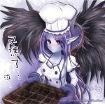 1girl alternate_costume amoheavell blush breasts buttons chef_hat cleavage cookie food hat league_of_legends long_hair mittens morgana pale_skin pointy_ears purple_hair purple_skin solo tears tray violet_eyes watermark web_address wings 