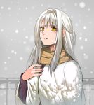  1girl coat erubo hair_intakes hand_on_own_chest long_hair long_sleeves looking_at_viewer original outdoors payot scarf snowing solo white_hair winter_clothes yellow_eyes 