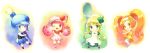  4girls ;d apron bandana blue_eyes blue_hair blush cabbie_hat cheerleader chibi clubs dia_(shugo_chara!) diamond_(shape) dress green_eyes green_hair grin hair_ornament hairband hat hat_ornament headset heart kurage_(kurakurapix) miki_(shugo_chara!) multiple_girls open_mouth orange_eyes orange_hair paintbrush pink_eyes pink_hair pom_poms ran_(shugo_chara!) shorts shugo_chara! side_ponytail sleeveless sleeveless_dress smile spade spoon suu_(shugo_chara!) thigh-highs visor_cap white_legwear wink 