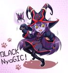  1girl :3 alternate_costume animal_ears bell cat_ears cat_paws dress fangs hat highres long_hair lulu_(league_of_legends) nam_(valckiry) pantyhose paws pix pointy_ears purple_hair purple_skin tail witch_hat yellow_eyes 