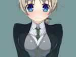  1girl between_breasts blue_eyes blush braid breast_squeeze breasts embarrassed hair_ribbon highres light_brown_hair long_hair lynette_bishop necktie_between_breasts ribbon simple_background single_braid solo strike_witches urepito_honke v_arms wavy_mouth 