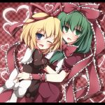  2girls arm_ribbon blonde_hair blue_eyes bow checkered checkered_background frills front_ponytail green_eyes green_hair hair_bow hair_ornament hair_ribbon heart hug kagiyama_hina long_hair medicine_melancholy multiple_girls open_mouth ribbon short_sleeves taku10 touhou wink yuri 