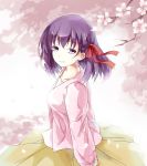  1girl cherry_blossoms fate/stay_night fate_(series) hair_ribbon long_hair matou_sakura nishigyou_teraa purple_hair ribbon solo violet_eyes 