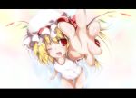  1girl arm_up blonde_hair blush bow fang flandre_scarlet foreshortening hat hat_bow letterboxed one-piece_swimsuit open_mouth red_eyes short_hair side_ponytail smile solo swimsuit touhou wings wink yumesato_makura 