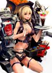  1girl bad_anatomy belt bikini blender blonde_hair box controller food front-tie_top fruit jittsu joystick long_hair maid_headdress mandarin_orange mecha_musume navel original parfait pocky solo spoon swimsuit tray yellow_eyes 