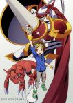  armor brown_hair cape claws digimon digimon_tamers digivice dukemon goggles goggles_on_head guilmon hajime_(hajime-ill-1st) hoodie lance matsuda_takato monster open_mouth polearm red_eyes shield short_hair socks tail title_drop weapon wristband yellow_eyes 