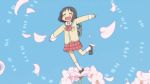  1girl ^_^ animated animated_gif black_hair blazer blooming blue_sky blush bow branch cherry_blossom_tree cherry_blossoms closed_eyes happy kneehighs loafers nichijou no_clouds pocket robot school_uniform shinonome_nano shoes skirt sky tears tree winding_key 