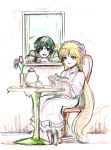  1boy 1girl book chair colored_pencil_(medium) cup flower gosick kujou_kazuya looking_at_viewer open_book rough sitting smile t00ku_(higher0617) table teacup teapot traditional_media vase victorica_de_blois window 