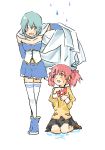  2girls armband blue_eyes blue_hair cape hair_ribbon kaname_madoka magical_girl mahou_shoujo_madoka_magica miki_sayaka multiple_girls pink_eyes pink_hair rain ribbon school_uniform short_hair short_twintails tears thigh-highs twintails zettai_ryouiki 