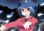  1girl blue_hair brown_eyes bust graveyard hammer_(sunset_beach) hat hitodama long_sleeves miyako_yoshika night ofuda open_mouth outstretched_arms short_hair solo star tombstone touhou zombie_pose 