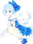  1girl 8hachio anklet belt blue_dress blue_eyes blue_hair bobby_socks bow cirno dress fetal_position gloves hair_bow hands_on_own_chest jewelry looking_at_viewer mary_janes puffy_short_sleeves puffy_sleeves ribbon shoes short_hair short_sleeves simple_background socks solo touhou white_background wings 