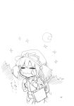  1girl :t =_= bag crescent crying eating goggles hair_bobbles hair_ornament hat kawashiro_nitori monochrome moon morino_hon night sketch solo star tears touhou translation_request twintails 