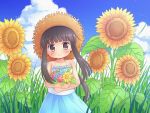  1girl bangs bare_shoulders black_hair blunt_bangs blush brown_eyes camisole child clouds flower flower_field hat holding holding_flower long_hair looking_at_viewer mizuno_mumomo original outdoors payot ponytail skirt sky smile solo straw_hat sun_hat sunflower 