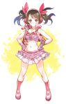  1girl blush gloves hand_on_hip hands_on_hips idolmaster idolmaster_cinderella_girls imai_kana long_hair midriff nagasawa_shin navel skirt solo twintails 