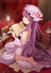  1girl bad_id barefoot blush book breasts candle cleavage crescent cup hat holding holding_book inkwell lantern long_hair looking_at_viewer marotti papers patchouli_knowledge purple_hair quill sitting solo teacup touhou very_long_hair violet_eyes wariza 