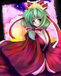  1girl bow breasts frills front_ponytail green_eyes green_hair hair_bow hair_ribbon hina_ningyou japanese_clothes kagiyama_hina long_hair ribbon smile teko touhou 