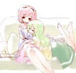  2girls hand_on_head hug komeiji_koishi komeiji_satori multiple_girls rough sitting smile touhou usada_o 