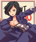  1girl black_hair blue_eyes breasts character_request cleavage corset cropped_jacket dress huge_breasts infinite naso4 open_clothes open_jacket outstretched_arms short_hair smile solo_bio surprised surprised_bio 