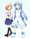  2girls blue_eyes blue_hair blush brown_eyes crossover dress hat holding_hands ikamusume kanemoto_hisako kneehighs kotoura-san kotoura_haruka long_hair multiple_girls open_mouth orange_hair school_uniform seiyuu_connection serafuku shinryaku!_ikamusume short_hair skirt smile spiceg tentacle_hair walking 