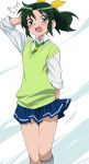  /\/\/\ 1girl blush green_eyes green_hair hand_behind_head midorikawa_nao necktie open_mouth ponytail precure school_uniform skirt sleeves_rolled_up smile_precure! solo surprised sweatdrop sweater_vest tonbi translation_request 
