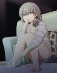 1girl barefoot clenched_hand couch glasses hand_to_mouth hoodie mattaku_mosuke multicolored_stripes night original pillow scrunchie short_shorts shorts sitting soda_can solo striped_hoodie 