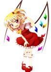  1girl ascot blonde_hair dress fang flandre_scarlet haiiro_(immature) hair_ribbon kneehighs looking_at_viewer no_hat no_headwear open_mouth pink_eyes pointy_ears puffy_sleeves red_dress ribbon shirt short_hair short_sleeves side_ponytail simple_background smile solo touhou white_background white_legwear wings 