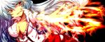 1girl bow breasts cleavage fire fujiwara_no_mokou grin hair_bow large_breasts long_hair red_eyes sakegohan smile solo suspenders torn_clothes touhou white_hair 