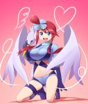  1girl blue_eyes fuuro_(pokemon) gloves gradient gradient_background hair_ornament heart highres jinteitei kneeling long_hair midriff navel open_mouth pink_background pokemon pokemon_(creature) pokemon_(game) pokemon_bw redhead smile solo swanna 