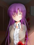  1girl ^_^ arms_behind_back blood blood_on_face bust closed_eyes dress_shirt ehimedaisuki original purple_hair shirt smile solo yandere 