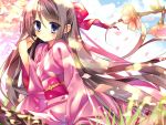  1girl blue_eyes brown_hair cherry_blossoms flower japanese_clothes kimono long_hair tagme totsuka_(kapadaizin) very_long_hair 