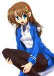  1girl blue_eyes blush brown_hair candy dasuto eating hair_ornament jacket lollipop long_hair long_sleeves lyrical_nanoha mahou_senki_lyrical_nanoha_force mouth_hold pantyhose sitting skirt solo uniform white_background yagami_hayate 