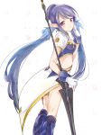  1girl azuki-azuki blue_hair boots gloves hair_bun judith kneepits long_hair looking_back pointy_ears polearm smile solo spear tales_of_(series) tales_of_vesperia twintails violet_eyes weapon white_background 