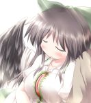  1girl blush bow breasts brown_hair cape hair_bow head_on_shoulder large_breasts long_hair open_mouth reiuji_utsuho sleeping sleeping_upright third_eye touhou wings 