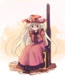  1girl artist_name blonde_hair dress feathers flower full_body gloves gosick green_eyes hat hat_flower long_hair red_dress sitting solo source_request victorica_de_blois 