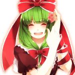  1girl arm_ribbon bow closed_eyes flower frills front_ponytail green_hair hair_bow hair_flower hair_ornament hair_ribbon kagiyama_hina open_mouth ribbon sayuma short_sleeves smile solo touhou 