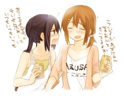  arm_grab beer black_hair blush brown_eyes brown_hair can closed_eyes drunk hair_ornament hairclip hirasawa_yui k-on! nakano_azusa payot picocopi ponytail smile tank_top translation_request twintails 