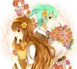  1boy 1girl back-to-back blush brown_hair fei_rune fingerless_gloves flower gloves green_eyes green_hair hair_flower hair_ornament hairband inazuma_eleven_(series) inazuma_eleven_go inazuma_eleven_go_chrono_stone long_hair nanobana_kinako poison916 smile yellow_eyes 