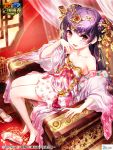  1girl barefoot braid double_bun dress jewelry long_hair purple_hair red_eyes ribbon shoes_removed sitting smile solo throne 